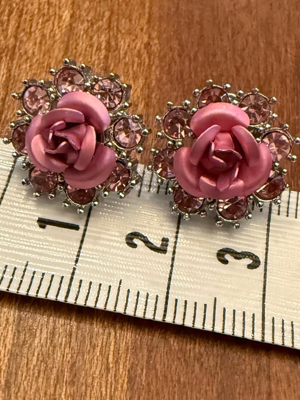 70s-80s AVON Pink Rose Crystal Stud Earrings Feminine Pierced Floral Silver Vint